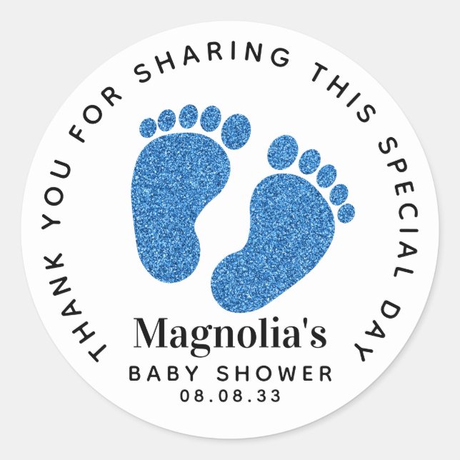Blue Glitter Baby Feet Baby Shower Thank You Classic Round Sticker (Front)