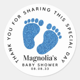 Blue Glitter Baby Feet Baby Shower Thank You Classic Round Sticker