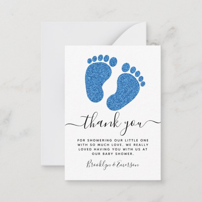 Blue Glitter Baby Feet Baby Shower Thank You  Note Card (Front)