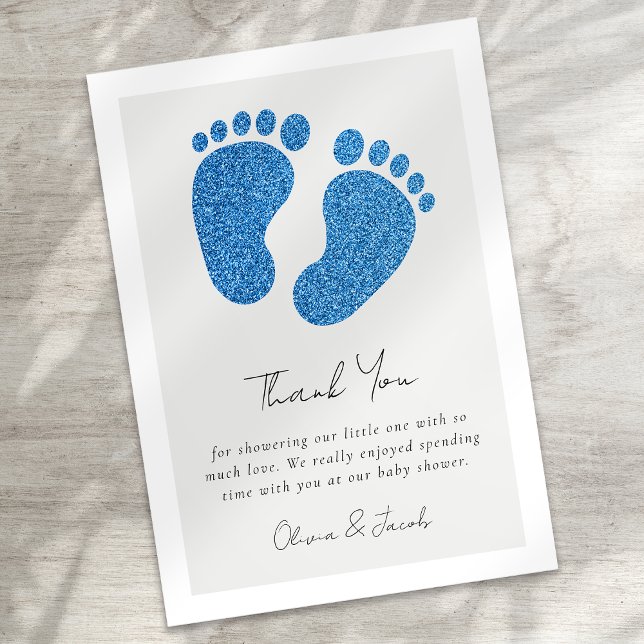 Blue Glitter Baby Feet Baby Shower Thank You  Note Card (Creator Uploaded)