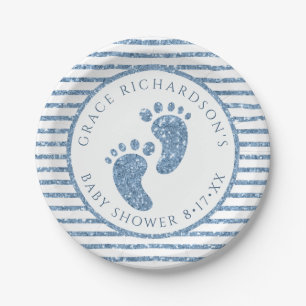 Blue Glitter Baby Shower Feet Party Paper Plate