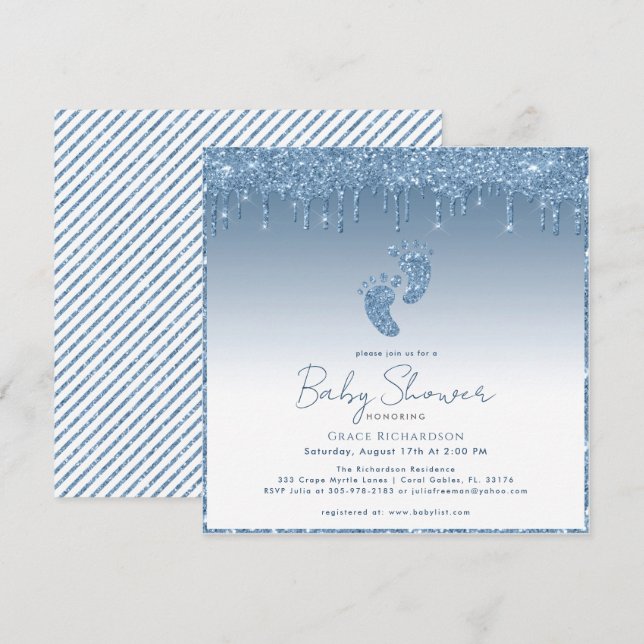 Blue Glitter Baby Shower Invitation with Baby Feet (Front/Back)