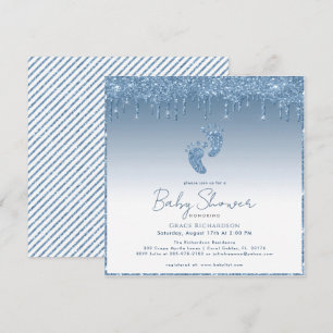 Blue Glitter Baby Shower Invitation with Baby Feet