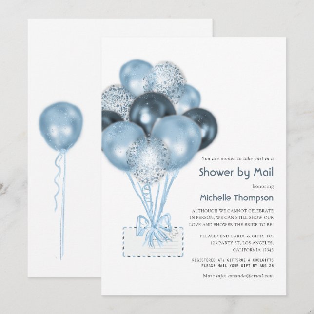 Blue Glitter Balloon Boy Baby Shower by Mail Invitation (Front/Back)