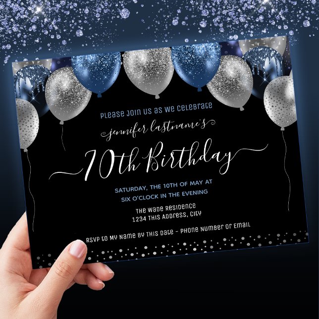 Blue Glitter Balloons 70th Birthday Party Invitation (Creator Uploaded)
