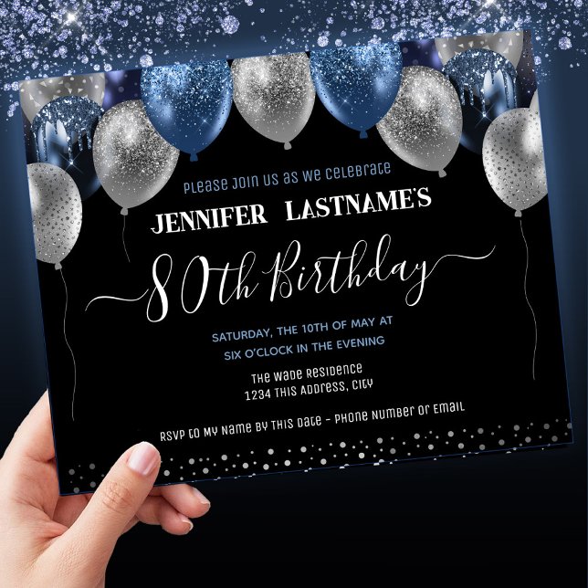Blue Glitter Balloons 80th Birthday Party Invitation (Creator Uploaded)