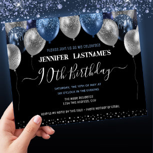 Blue Glitter Balloons 90th Birthday Party Invitation