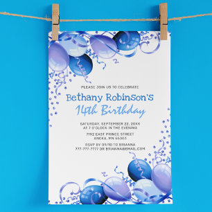 Blue Glitter Balloons Birthday Invitation