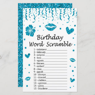 Blue glitter Birthday Word Scramble Game
