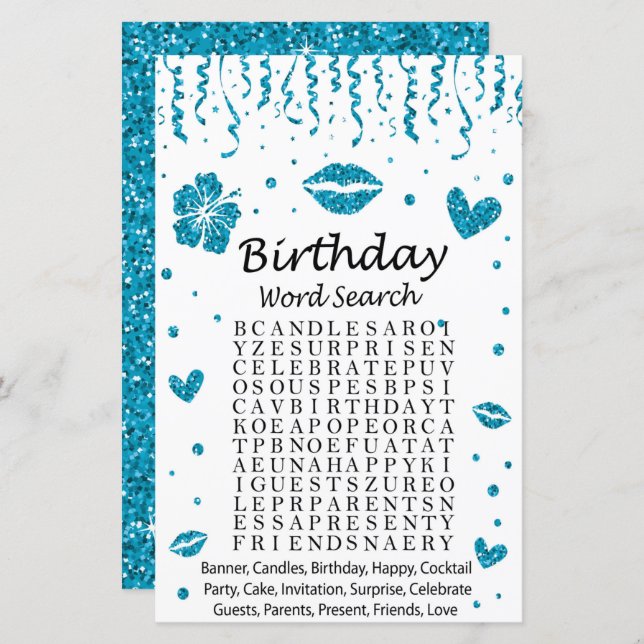 Blue glitter Birthday Word Search Game (Front/Back)