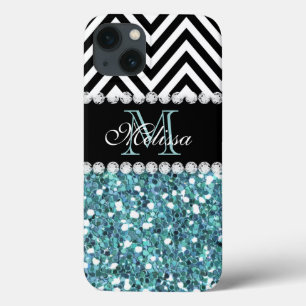 BLUE GLITTER BLACK CHEVRON MONOGRAMMED iPhone 13 CASE