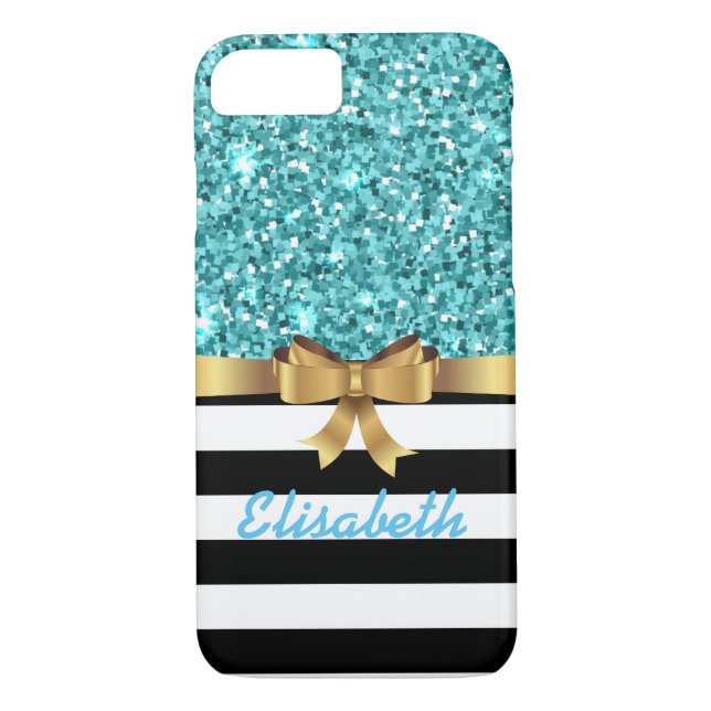 Blue GLITTER  BLACk white stripe GOLD BOW MONOGRAM Case-Mate iPhone Case (Back)