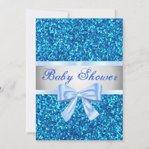 Blue Glitter Blue Bow Baby Shower Invitation