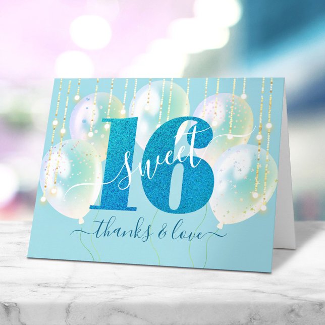 Blue Glitter Bold Girly Sweet 16 Birthday Balloon Thank You Card (Creator Uploaded)