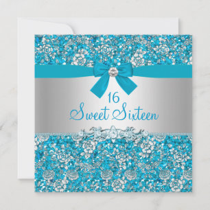 Blue Glitter & Bow Sweet Sixteen Invite