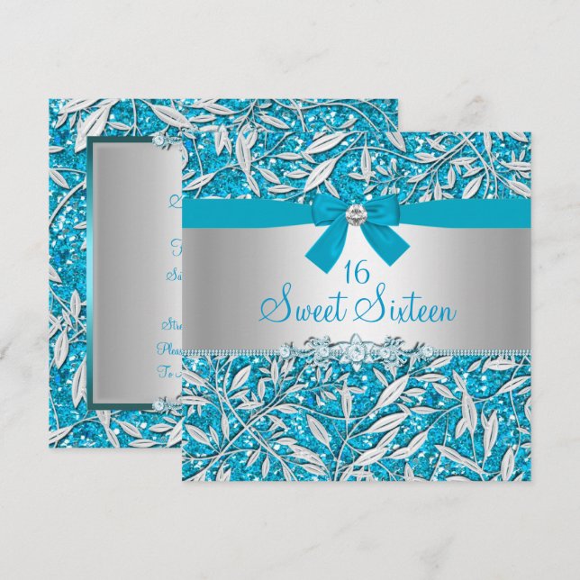 Blue Glitter & Bow Sweet Sixteen Invite (Front/Back)