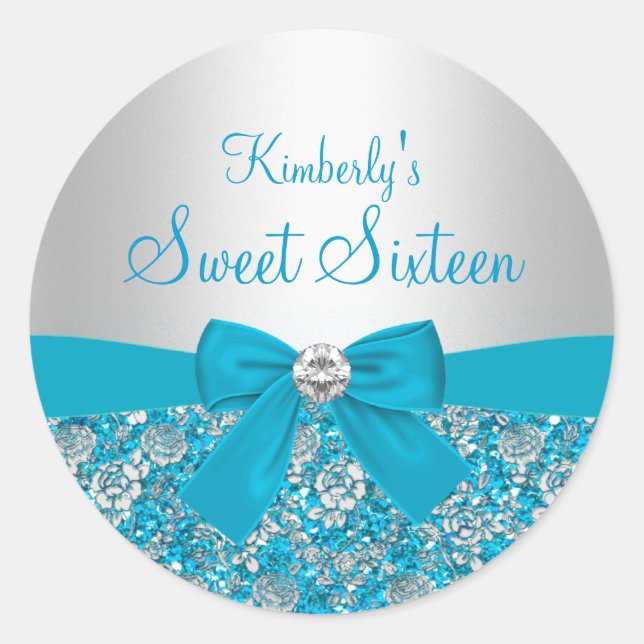 Blue Glitter & Bow Sweet Sixteen Sticker (Front)