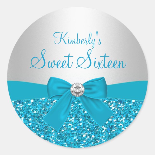 Blue Glitter Bow Sweet Sixteen Sticker (Front)