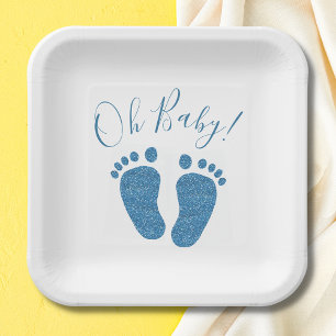 Blue Glitter Boy's Baby Shower  Paper Plate