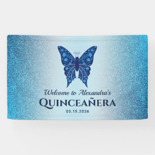 Blue Glitter Butterfly Quinceañera Banner