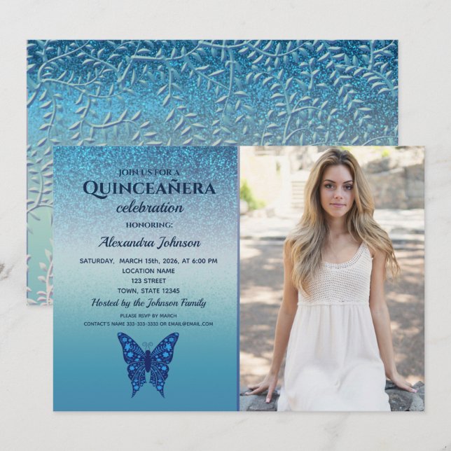 Blue Glitter Butterfly Quinceañera Invitation (Front/Back)