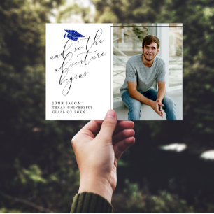 Blue Glitter Cap Quotes Photo Modern Graduation Announcement