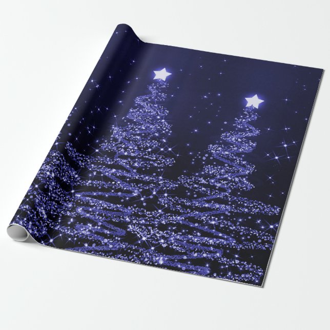 Blue Glitter Christmas Trees Holiday Wrapping Paper (Unrolled)