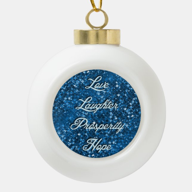 Blue Glitter Christmas Wishes Ball Ornament (Front)