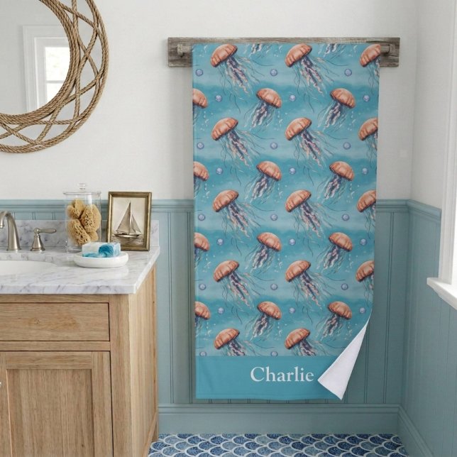 Blue Glitter Coastal Jellyfish Bath Towel (Creator Uploaded)
