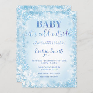 Blue Glitter Cold Outside Snowflake Baby Shower  I Invitation