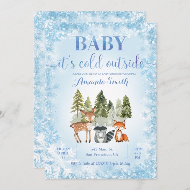 Blue Glitter Cold Outside Woodland Baby Shower  Invitation (Front/Back)