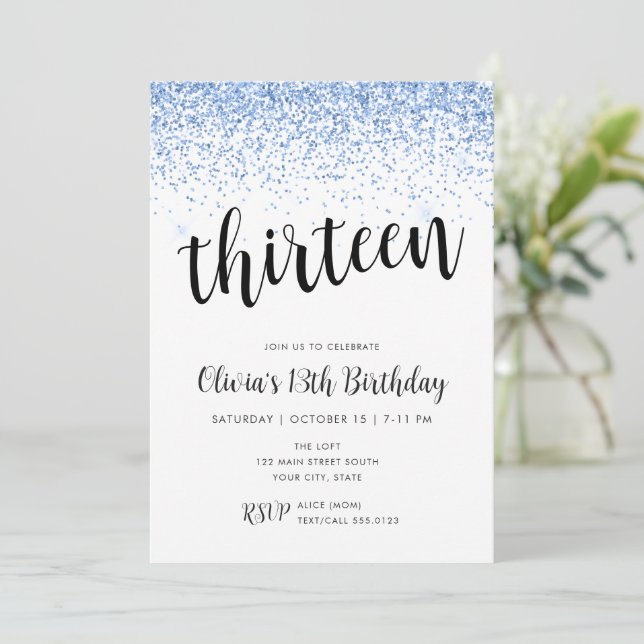 Blue Glitter Confetti Border Birthday Invitation (Standing Front)