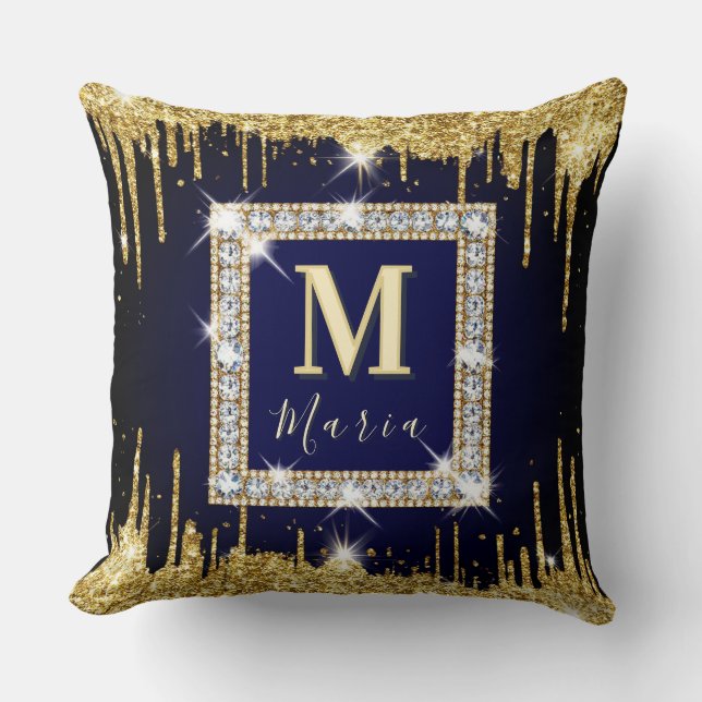 💎 Blue Glitter Custom Name Navy Spark Frame 💎 Cushion (Front)