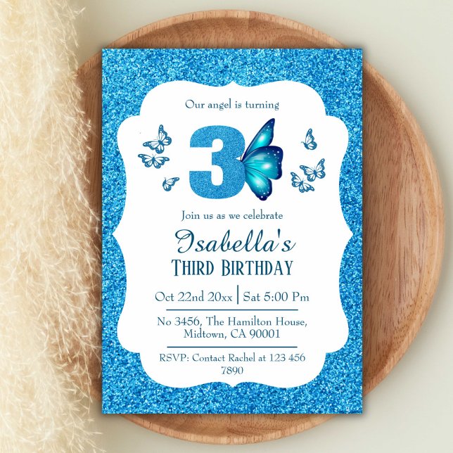 Blue glitter cute vibrant sparkling 3rd birthday  invitation (Creator Uploaded)