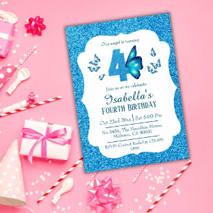 Blue glitter cute vibrant sparkling 4th birthday invitation
