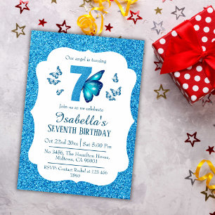 Blue glitter cute vibrant sparkling 7th birthday invitation