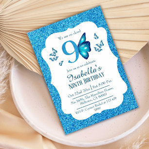 Blue glitter cute vibrant sparkling 9th birthday invitation