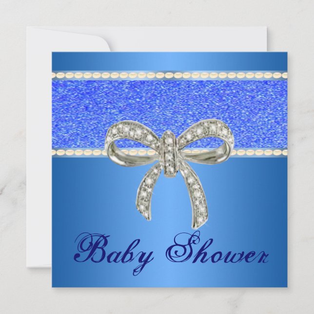 Blue Glitter Diamond Bow Baby Shower Invitation (Front)