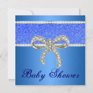 Blue Glitter Diamond Bow Baby Shower Invitation
