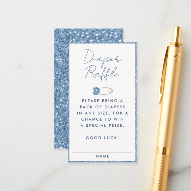 Blue Glitter Diaper Raffle Ticket Baby Shower  Enclosure Card (Front/Back In Situ)