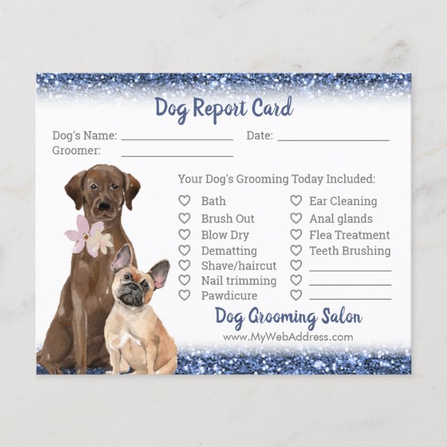 Blue Glitter Dog Grooming Report Card Flyer (Front)
