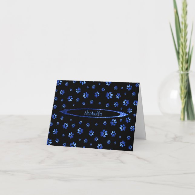 Blue glitter dog paw pattern Monogram Card (Front)