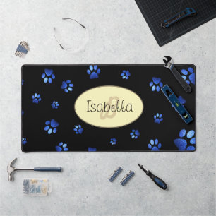 Blue glitter dog paw pattern, Monogram Desk Mat
