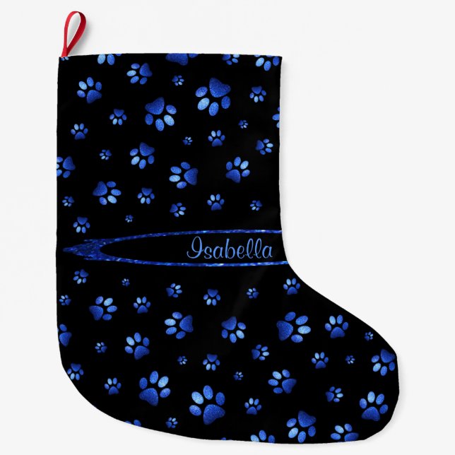 Blue glitter dog paw pattern Monogram  Large Christmas Stocking (Front)