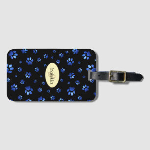 Blue glitter dog paw pattern, Monogram  Luggage Tag