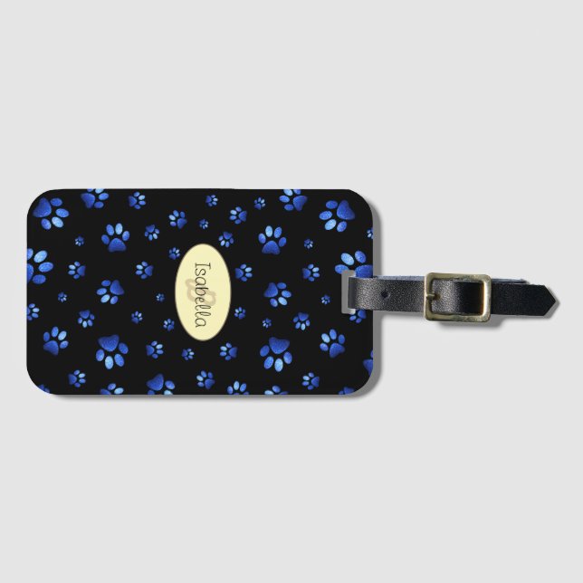 Blue glitter dog paw pattern, Monogram  Luggage Tag (Front Horizontal)
