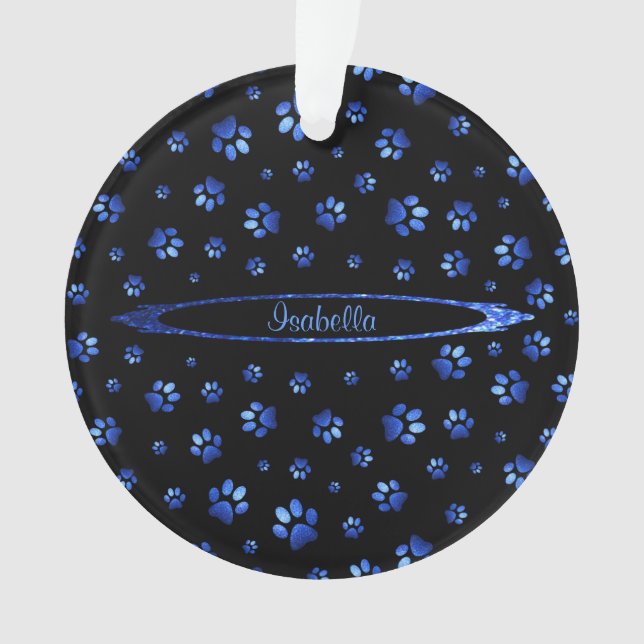 Blue glitter dog paw pattern Monogram  Ornament (Front)