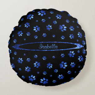 Blue glitter dog paw pattern Monogram Round Cushion