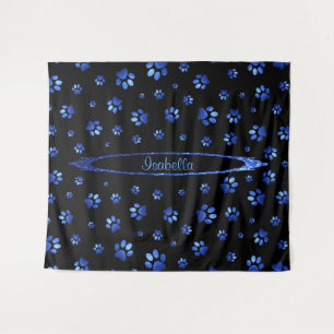 Blue glitter dog paw pattern Monogram Tapestry