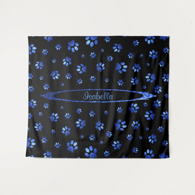 Blue glitter dog paw pattern Monogram  Tapestry (Front (Horizontal))